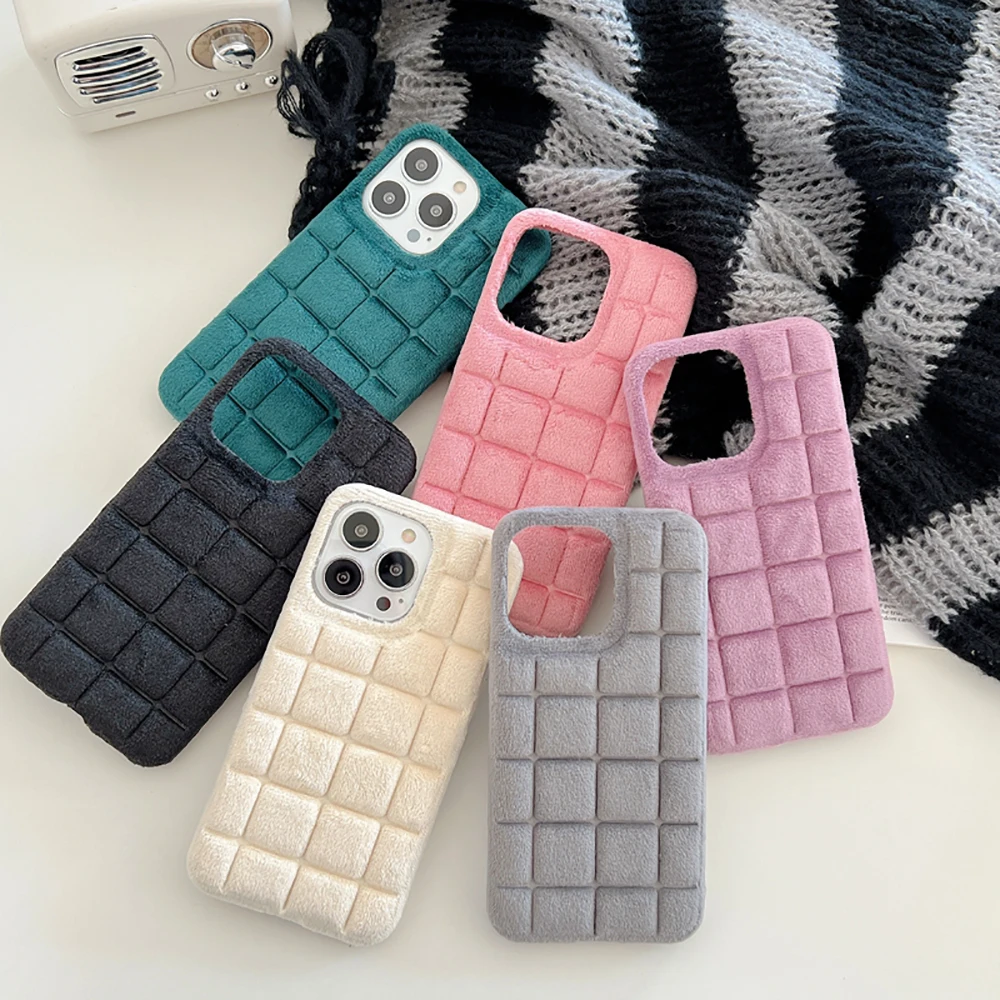 

Чехол для iPhone 14 13 12 11 Pro Max Plus, пушистая задняя крышка, Модный меховой зимний теплый плюшевый квадратный клетчатый однотонный чехол для телефо...