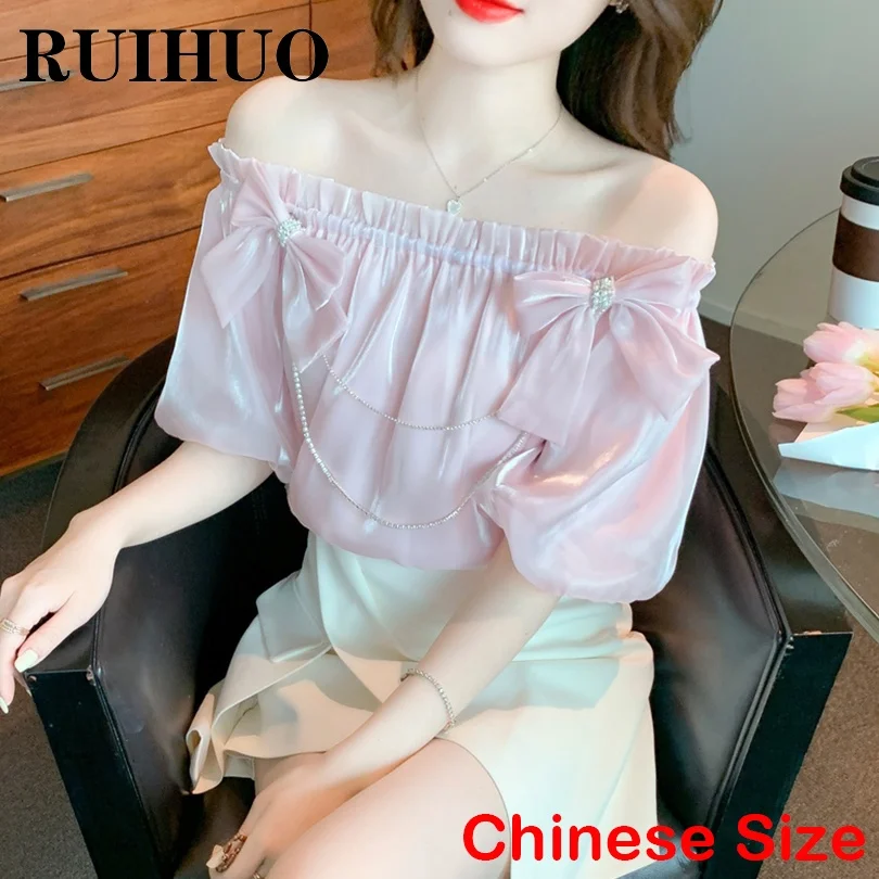 

RUIHUO розовые летние топы 2022 топы с открытыми плечами для женщин блузки белая женская рубашка корейская мода стиль в китайском стиле искусств...