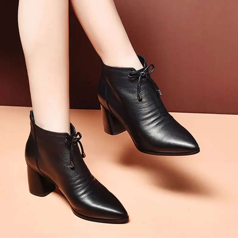 

FHANCHU Women Soft Leather Ankle Boots,Fashion Autumn/Winter Shoes,High Heeld Short Botas,Pointed Toe,Side Zip,Black,Dropship