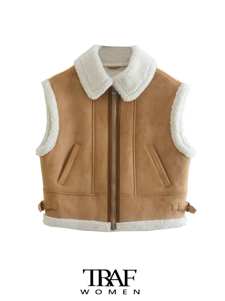 

TRAF Women Fashion Thick Warm Faux Shearling Waistcoat Vintage Sleeveless Zipper-up Female Outerwear Chic Vest Tops