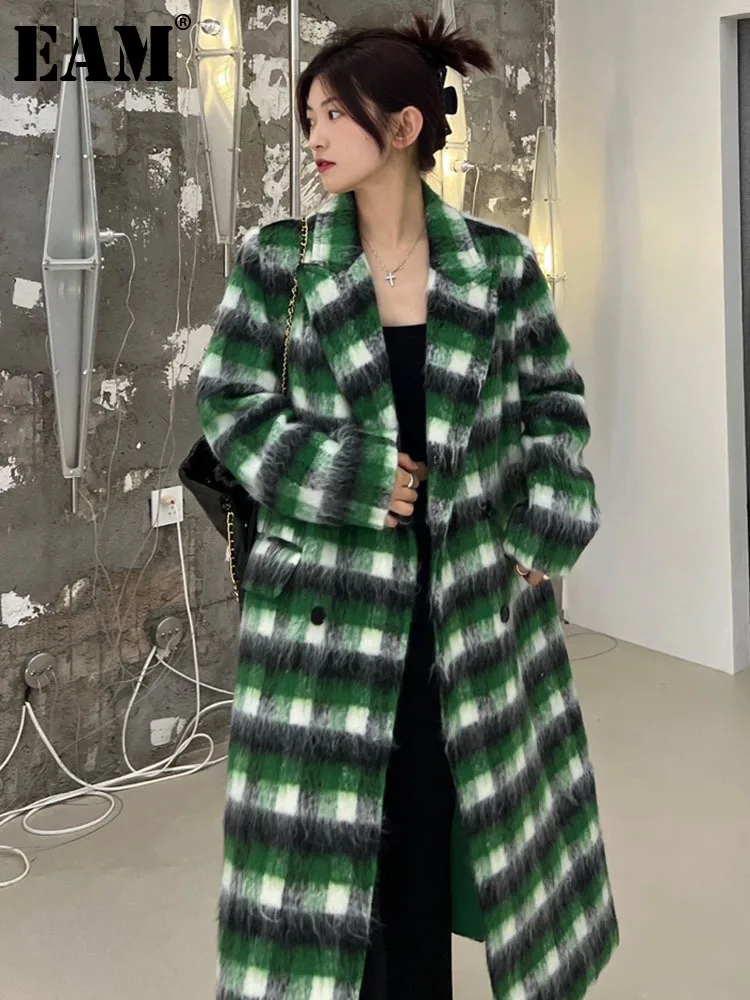 

[EAM] Casual Big Size Plaid Loose Fit Woolen Coat Parkas Lapel New Long Sleeve Women Fashion Tide Autumn Winter 2023 1DF3544