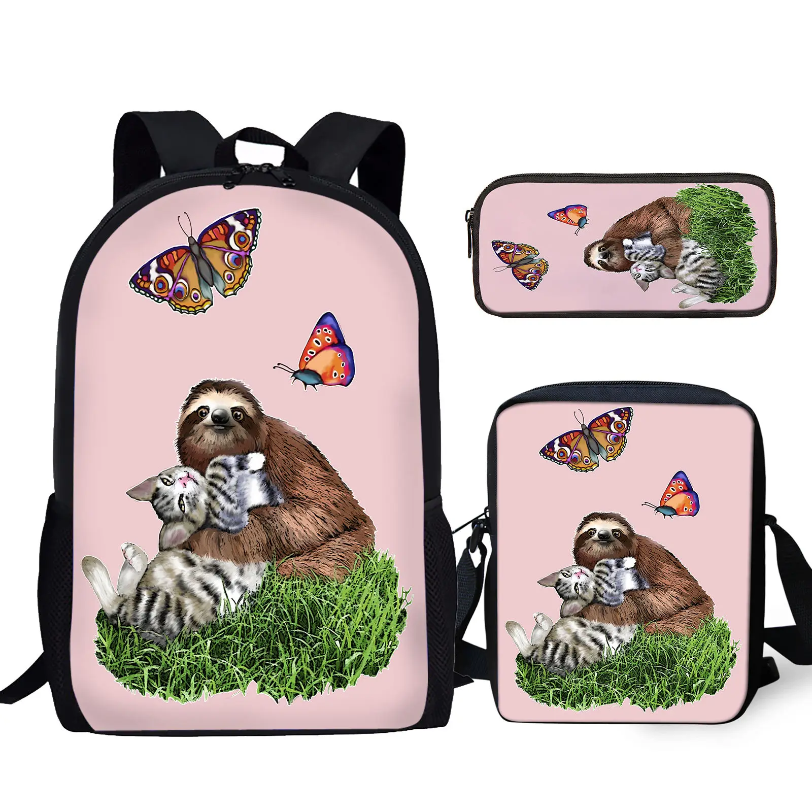 

YIKELUO Cute Cartoon Sloth Butterfly Design Pink Backpack Cat Print Adjustable Shoulder Strap Bag Messenger Bag Travel Bag