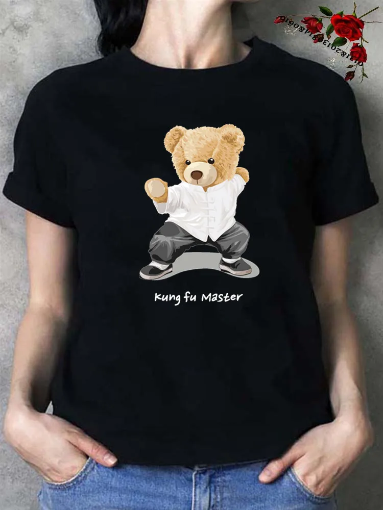 

Chinese Kung Fu Bear Printed Tshirt Women Summer Short Sleeved Casual T-shirt Unisex Tops Tees Cartoon Harajuku T Shirt Female