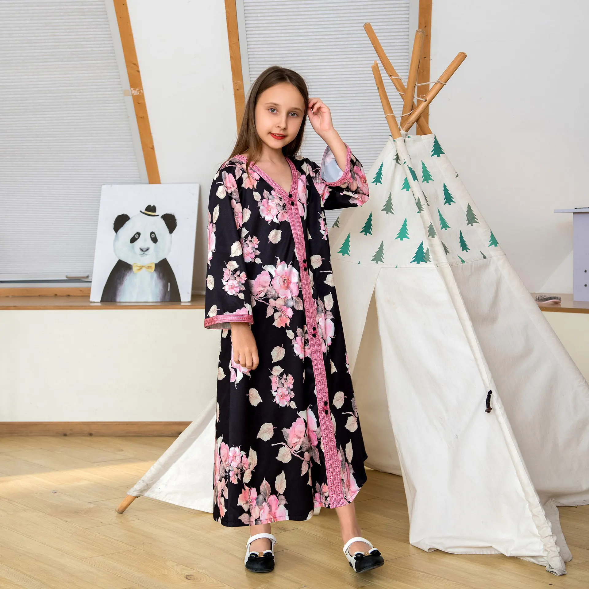 Мусульманское Цветочное платье-абайя для девочек детское Молитвенное платье