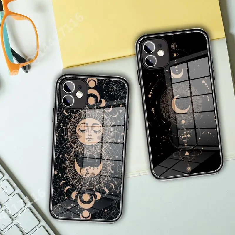 

Funny Sun Moon Face Phone Case Tempered Glass For iPhone 13 11 Pro XR XS MAX 8 X 7 Plus 12 Pro Mini phone Full Coverage covers