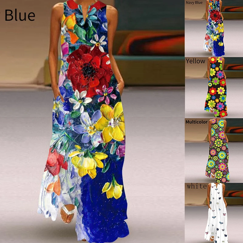 

2022 New Women's Shift Dress Summer V-Neck Sleeveless Fashion Casual Loose Skirt Butterfly Print Short Sleeve Knee Length Dress