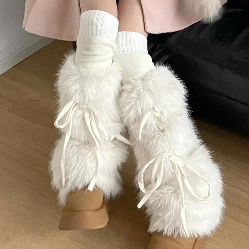 Фото JK Girls Boot Cuffs гетры женские зимние теплые Harajuku милая лента с бантом пушистый плюшевый мех белые длинные носки №2