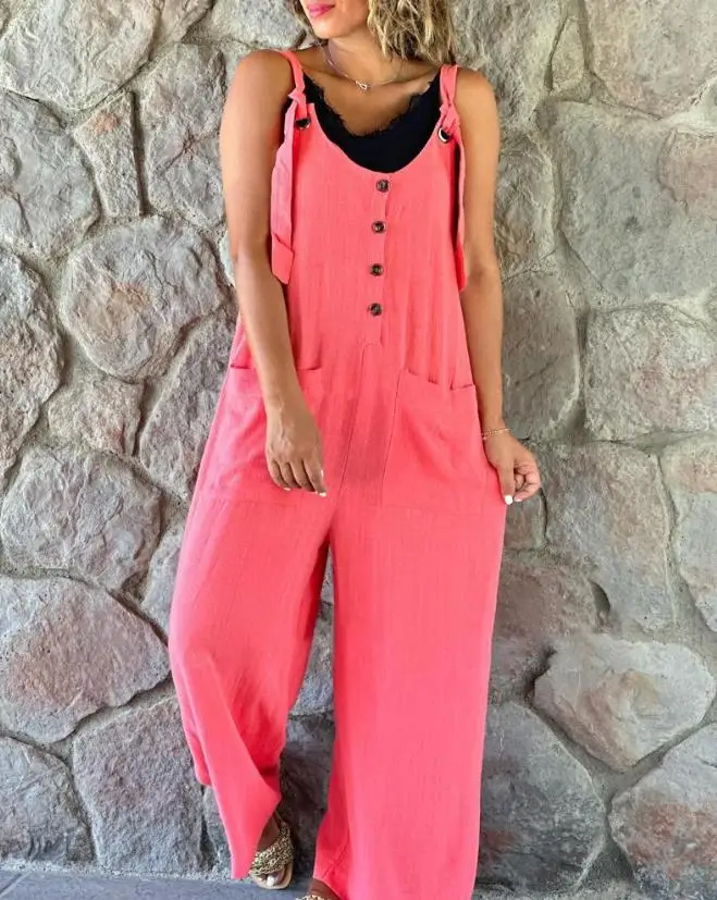 2023 Woman Long Jumpsuits Elegant Sleeveless Button Front Patch Pocket Suspender Jumpsuit New Fashion Summer Vacation Casual