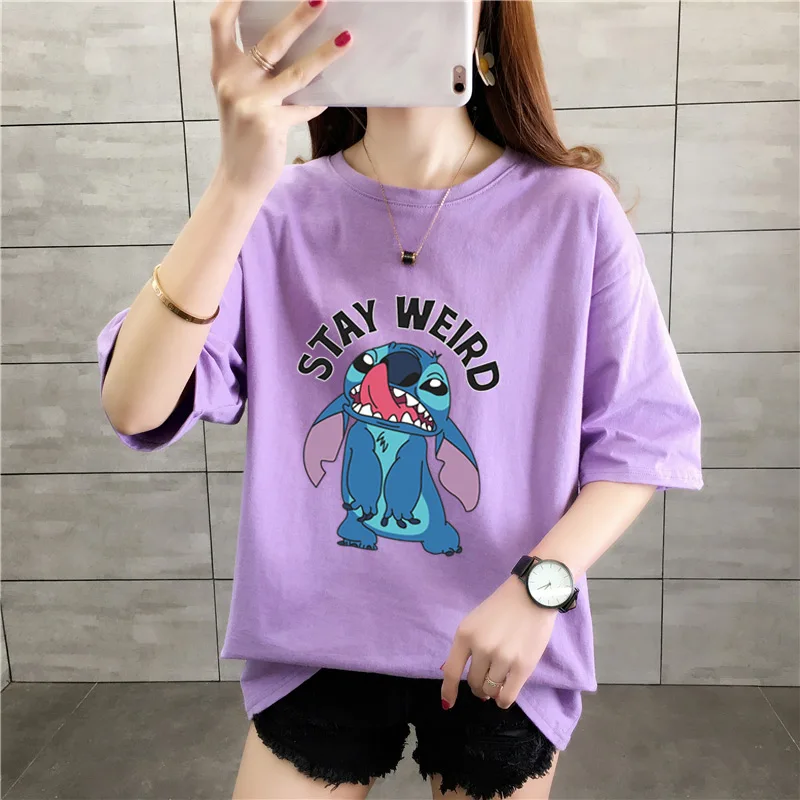 

Disney Oversized Stitch T Shirt Ladies Short Sleeve Black Lake Blue Cotton T-Shirt Women Streetwear Loose Woman Y2K T-shirts