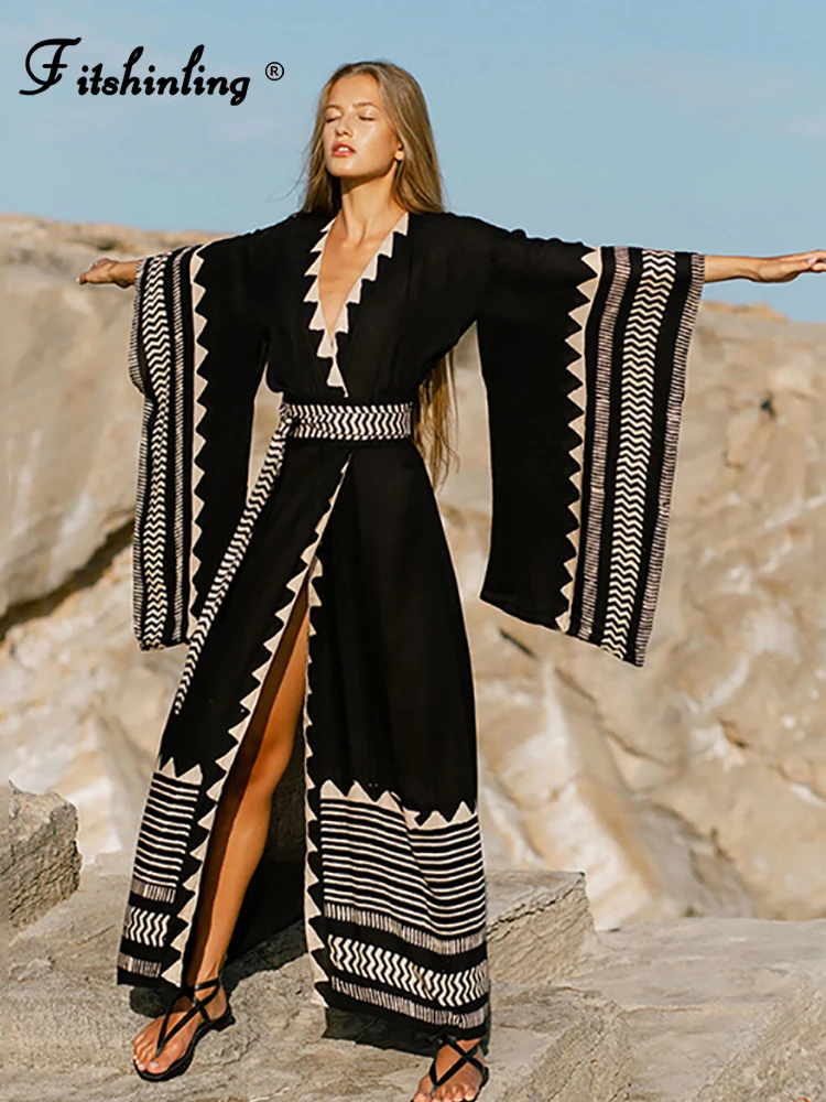 Винтажное пляжное кимоно Fitshinling в богемном стиле женский черный купальник с