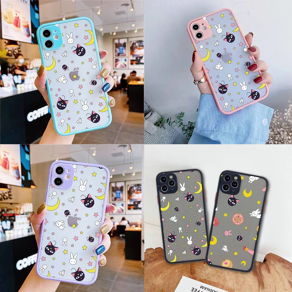 

cute Sailor Moon Phone Case For iphone 13 12 11 Pro Max Mini XS 8 7 Plus X SE 2020 XR Matte Transparent Cover