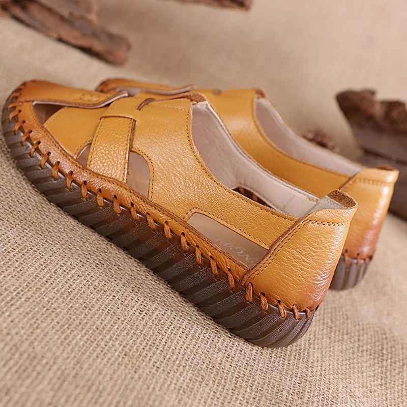 Summer Flat Sandals Woman Big Size 42 43 Round Toe Genuine Leather Thick Sole  Manual Suture Mom Hollow Sandals Casual Sneakers