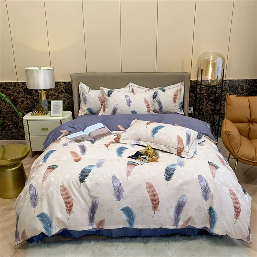 

Colorful Feather Jacquard Duvet Cover Set Egyptian Cotton Bedding Silky Flat Sheet Pillowcases Queen King Bed Linens Bedspreads