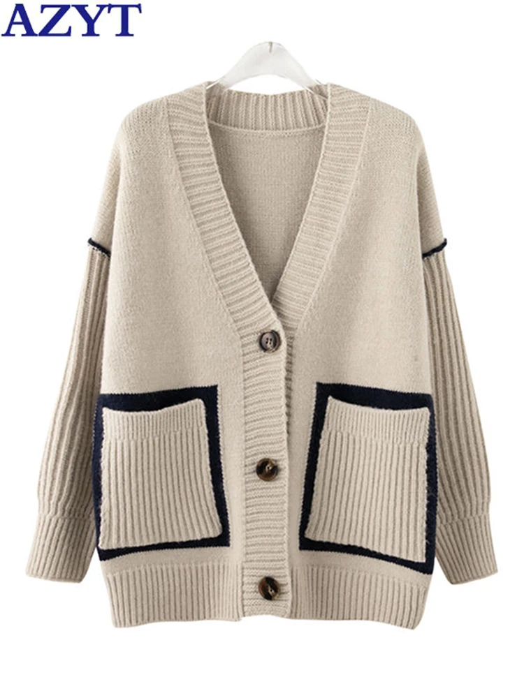 

AZYT Korean Loose Women Sweater Cardigan Casual Pocket V Neck Knit Cardigan Female 2022 Autumn Winter Sweaters y2k Clothes Women