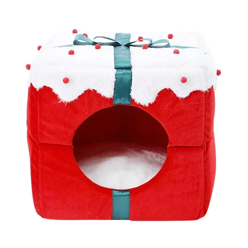 

Small Christmas Pet Bed Removable Washable Soft Warm Cat Bed Cute Self-Warming Comfortable Square Pet Condo Tents For Christmas