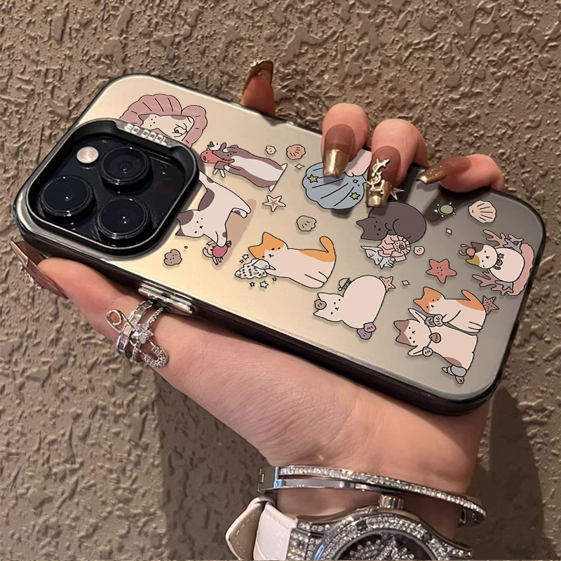 Funny Cute Doodle Cat IMD Hard Case For iPhone 16 ProMax 15 14 13 12 11 Pro Max XS X XR Plus Y2K Plating PC Bumper Back Cover