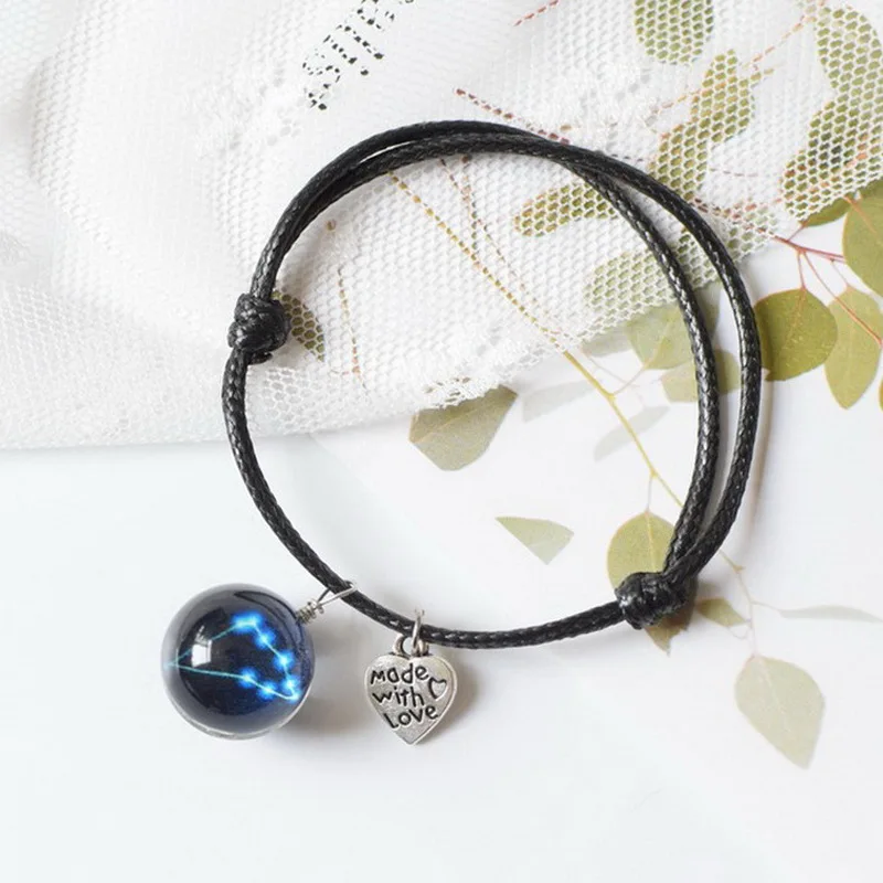 

Fashion 12 Constellation Star Bracelet for Women Men Birthday Jewelry Zodiac Sign Heart Glass Handmade Woven Rope Couple Gifts
