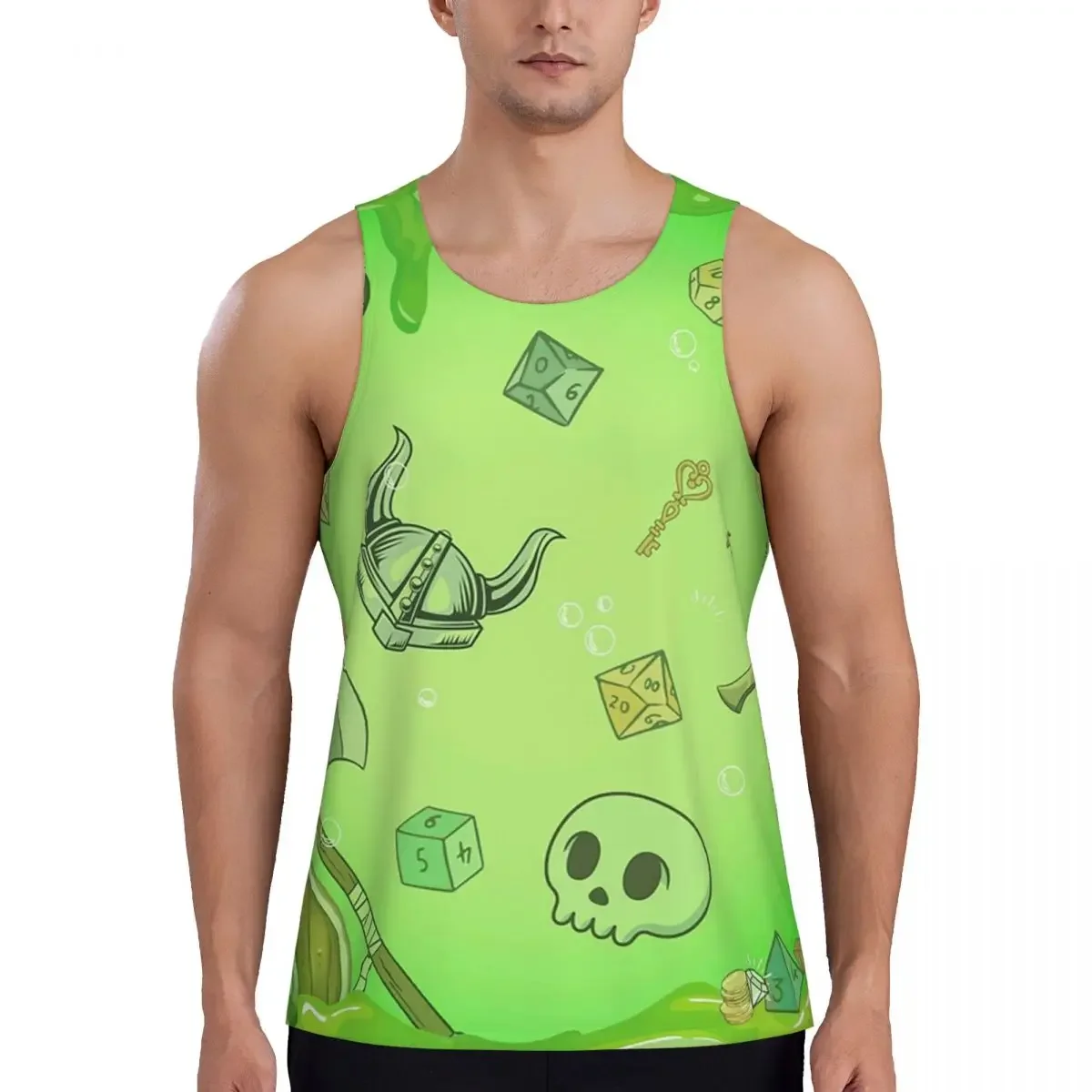 Фото Быстросохнущая майка-жилетка GELATINOUS CUBE Green Ooze Dnd Monster, Dnd Dice, Skull, Loot, Axe And Sword для спортзала, без рукавов, с принтом №1