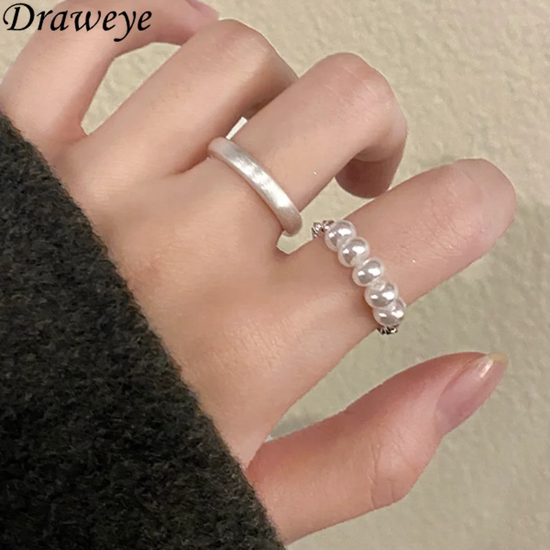 

Draweye Y2k Fashion Jewelry for Women Beads Pearls Elegant Cuff Rings Minimalism Vintage Anillos Mujer Index Finger Korean