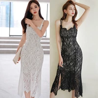2022 summer new womens korean version high end temperament v neck slim sling long skirt fashion sexy lace fishtail dress