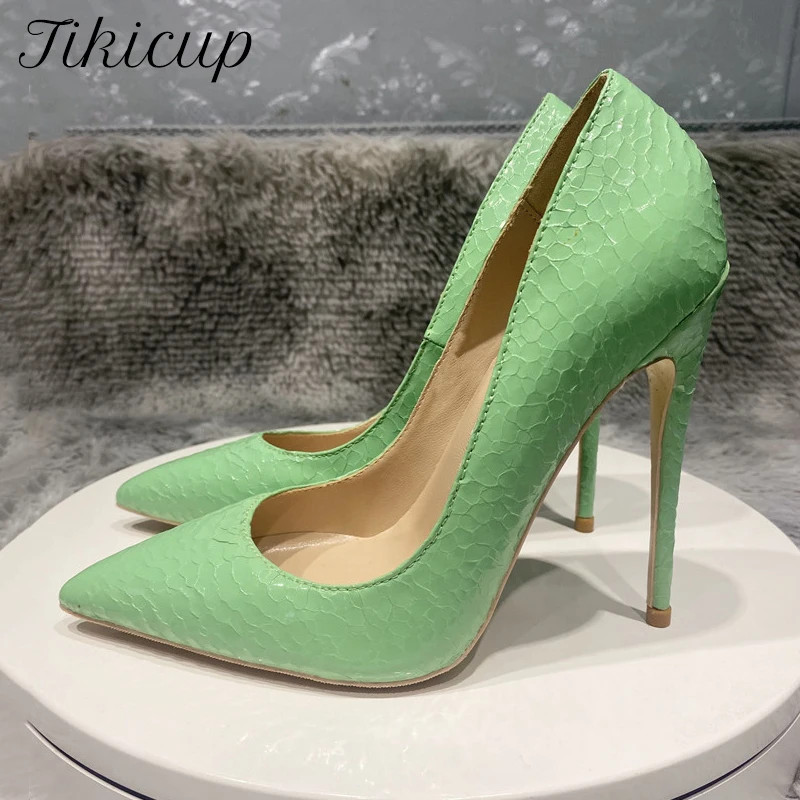 

Tikicup Mint Green Crocodile Effect Women Pointy Toe High Heel Party Shoes Sexy Designer Slip On Stiletto Pumps 8cm 10cm 12cm