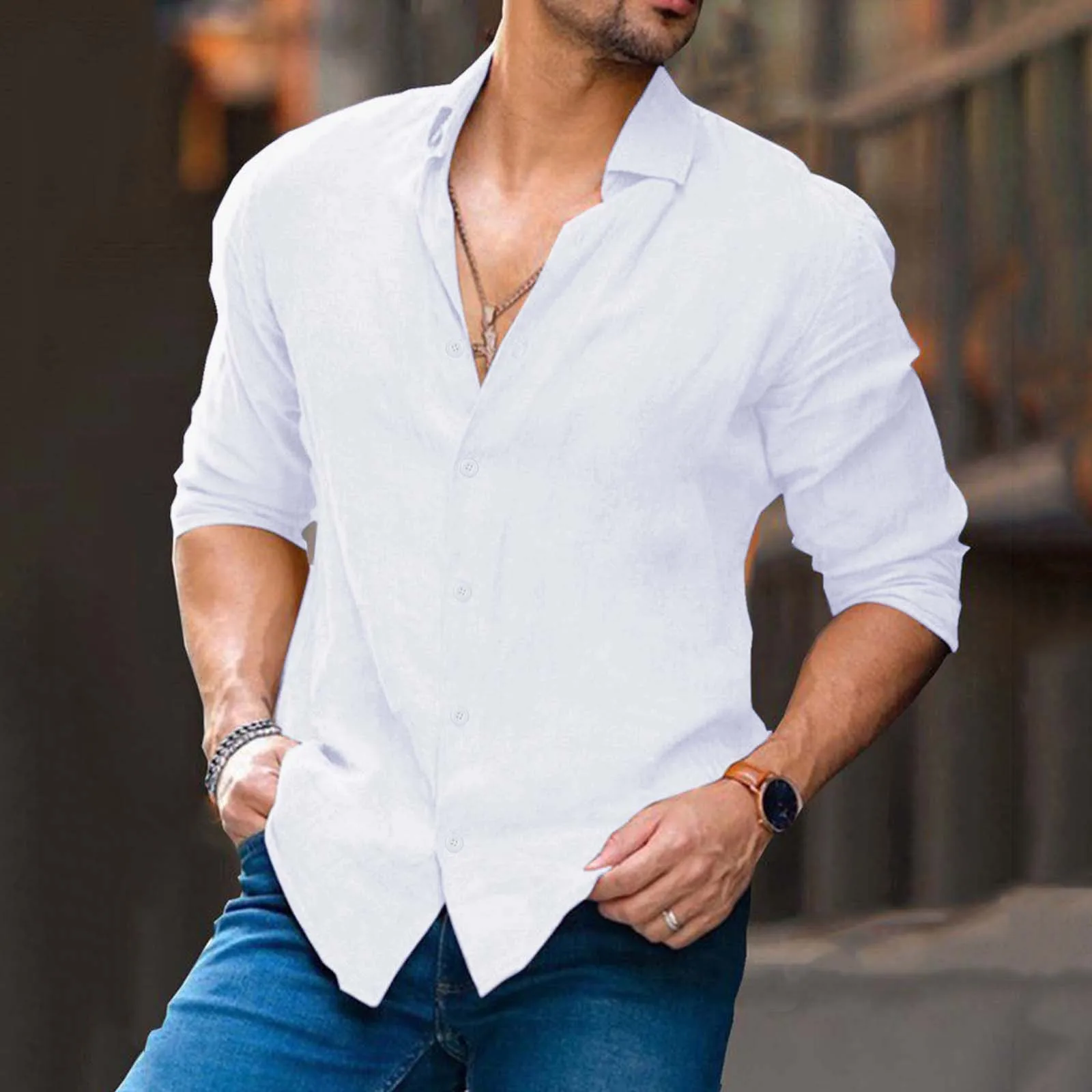 

Male Cotton Linen Solid Casual Loose Shirt Mens Turndown Collar Long Sleeve Shirt Adult Rompers Men