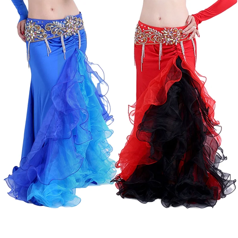 

Women Colorful Side Slit Skirt Dress Bellydance Performace Halloween Dancing Costume Double Color Skirt Only(No Belt)