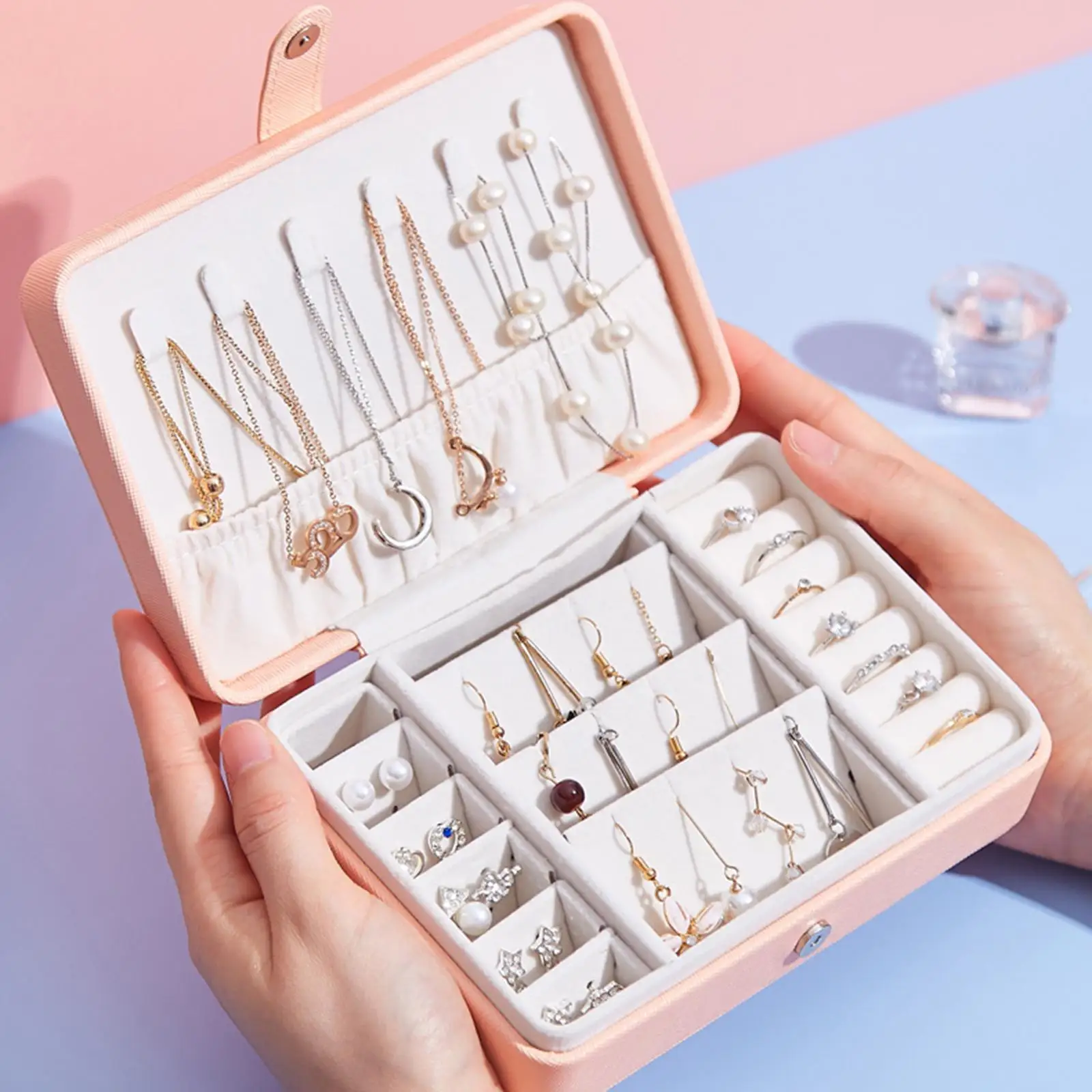 

Jewelry Box Organizer 6 Hooks Single Layer Rings Travel Case Display Holder