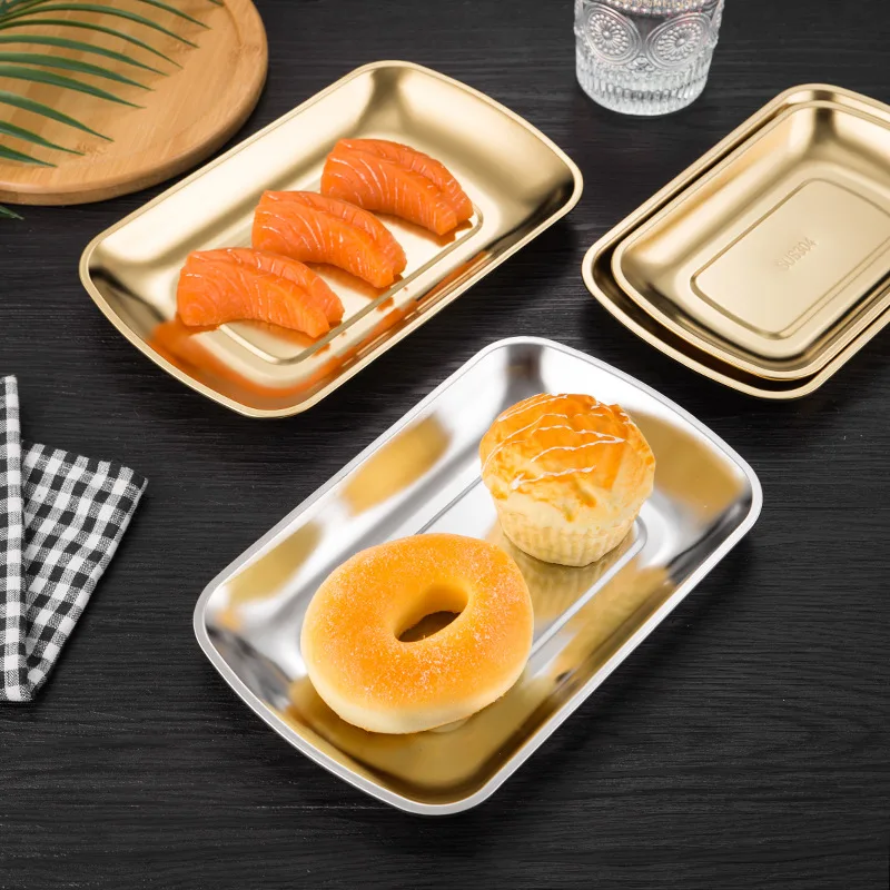 

Stainless Steel Korean Snack Plate Golden Creative Sushi Fries Kimchi BBQ Dish Dessert Shrimp Fruit Tray