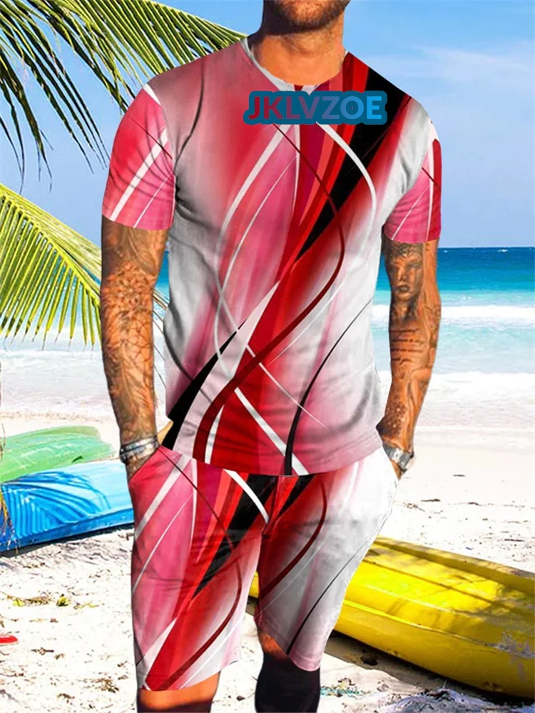 2023 Summer Fashion Men Suit Tshirt Shorts 2 Piece Sets Tracksuit Men's Oversized Clothes Vintage Streetwear Stripes 3D Printe