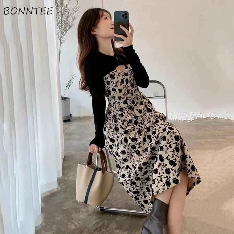 

Платье Ulzzang женское с длинным рукавом, элегантное приталенное Повседневное платье-трапеция с имитацией двух предметов, универсальный фасон...