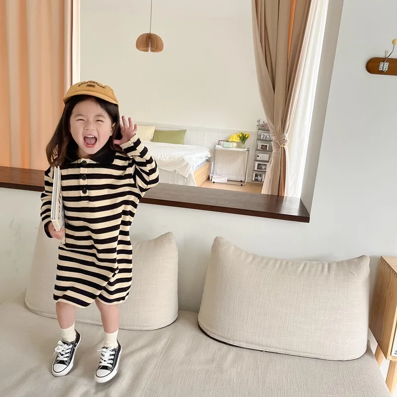 

2022 Spring Autumn Girls Casual Long Sleeve Stripe Dress Two Colors