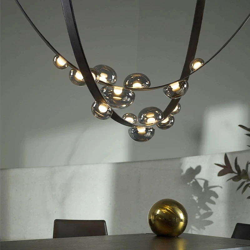 

LED Modern Clear/Grey Glass Creative Chandelier 3M Black Leather Pendant Light Restaurant Bar Coffee Shop Lighting Fixtures