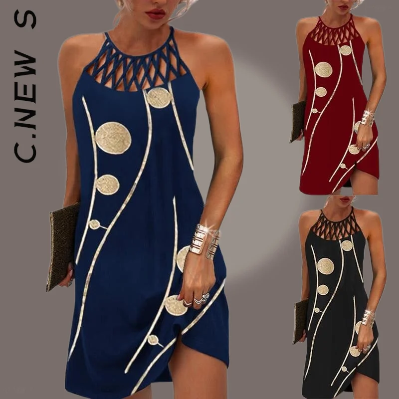 

C.New S Sexy Halter Hollow Out Mini Dress Women Fashion Printed Sleeveless Dresses Elegant Boho Dress Female Beach Party Dress