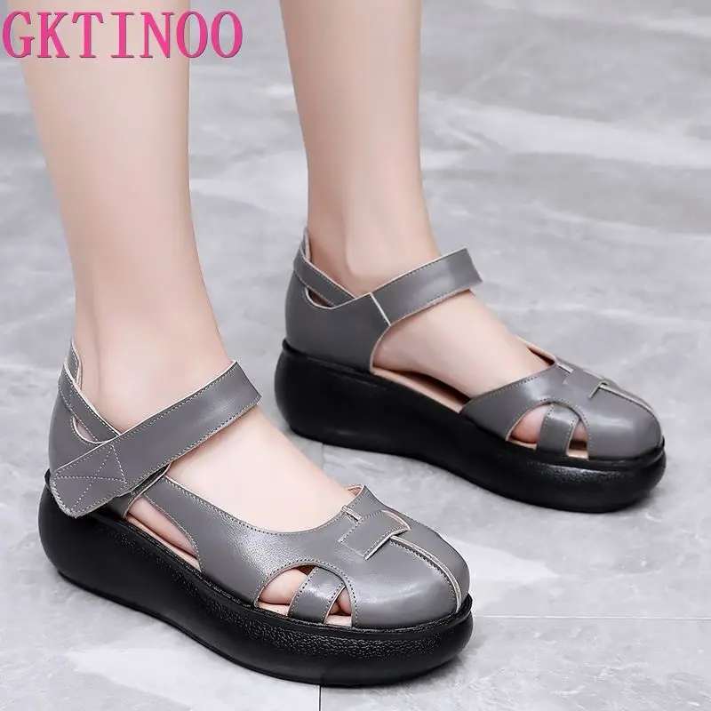 

GKTINOO High Quality Platform Sandals Women 2023 Genuine Leather Non Slip Wedges Sandals Summer Round Toe Female Shoes Handmade