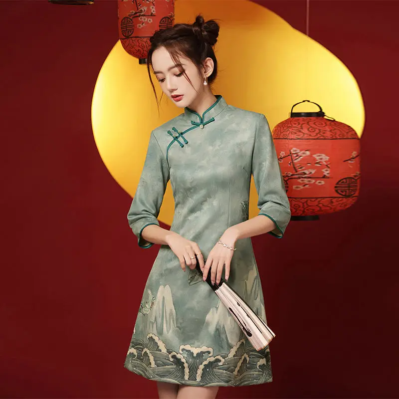 

Cheongsam New Spring Retro Modified Dress Suede