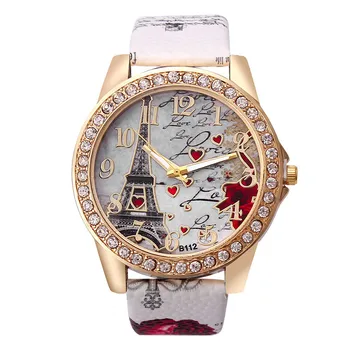 Trendy Women rhinestone Eiffel Tower PU leather quartz Watch 2