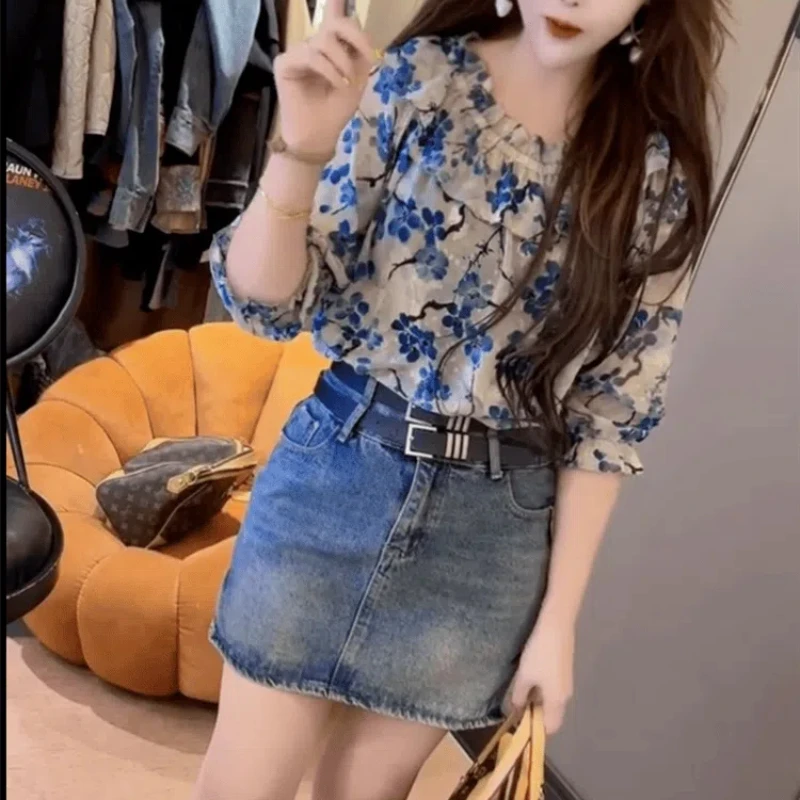 Женская шифоновая блузка с коротким рукавом универсальная Свободная составного