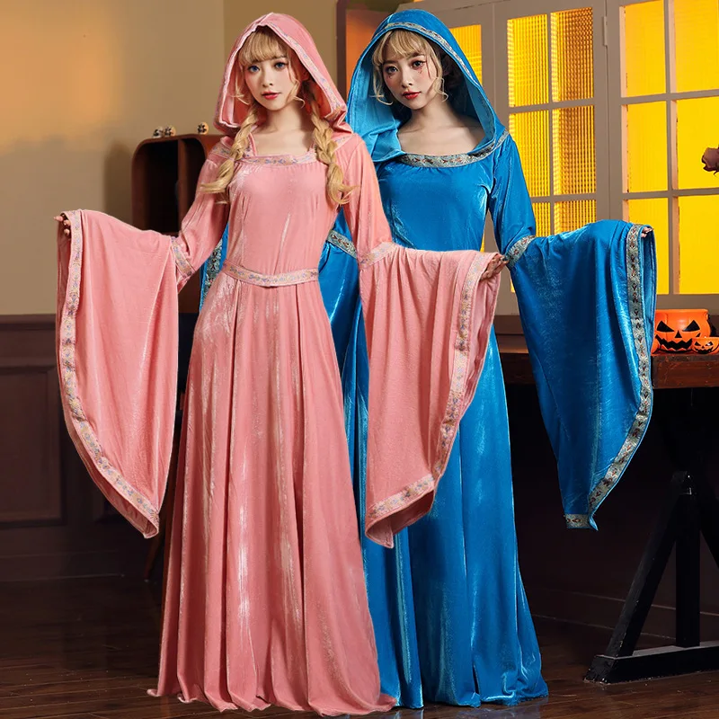 

Umorden Pink Blue Renaissance Medieval Costume Dress for Women Adult Halloween Book Day Hoodie Vintage Gothic Velvet Gown