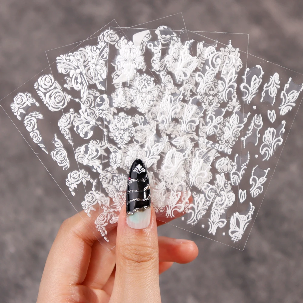 

5D Nail Art Stickers Lace Flower Nail Decals White Stereoscopic Embossed Rose Sliders 5D Acrylic Flowers Engraved Flower Decals