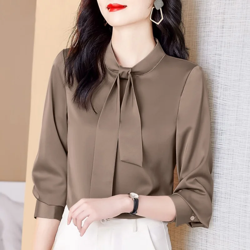 Elegant Solid Color Spliced All-match Lace Up Blouse Women's Clothing 2023 Spring New Casual Pullovers Loose Office Lady Shirt