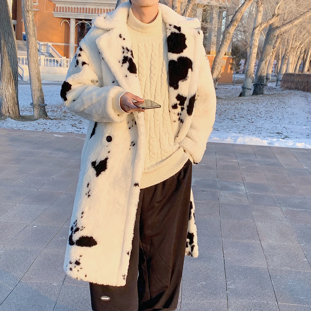 

Privathinker Cow Pattern Men's Long Winter Coat Lamb Wool Windbreaker Fashion Man Parkas Warm Large Size Male New Brand Jackets