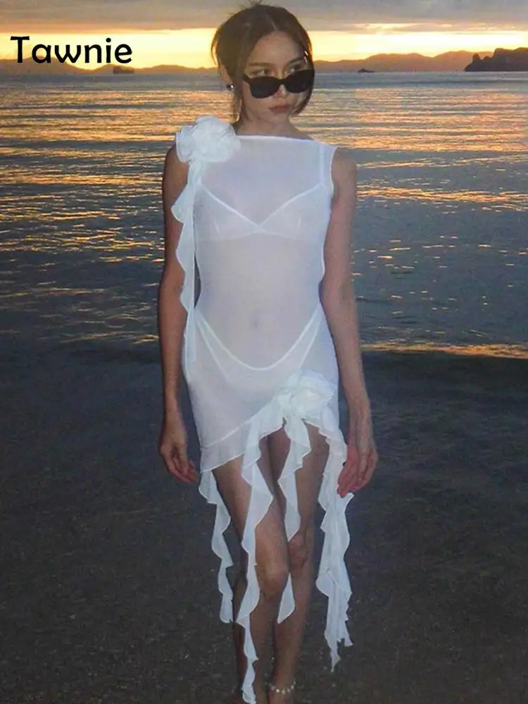 

Tawnie 2023 Summer Y2K Ruffles Fairy Mini Dress Women Sexy Mesh See Through Backless Dresses Irregular Beach Party Club Outfits