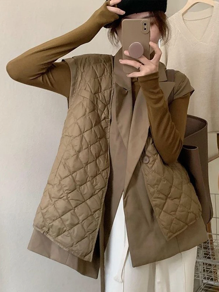 

Fitaylor Winter Women White Duck Down Coat Female Notched Collar Sash Tie Up Jacket Casual Lady Sleeveless Vest Puffer Coat
