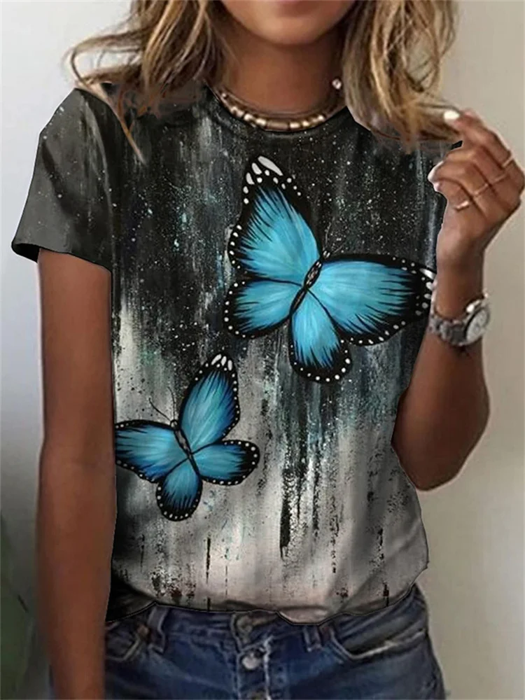 Купи Women Fashion T-Shirts Summer Short Sleeve Casual Tops Animal Butterfly Print Tees Women Clothing Loose Street T-Shirt за 500 рублей в магазине AliExpress