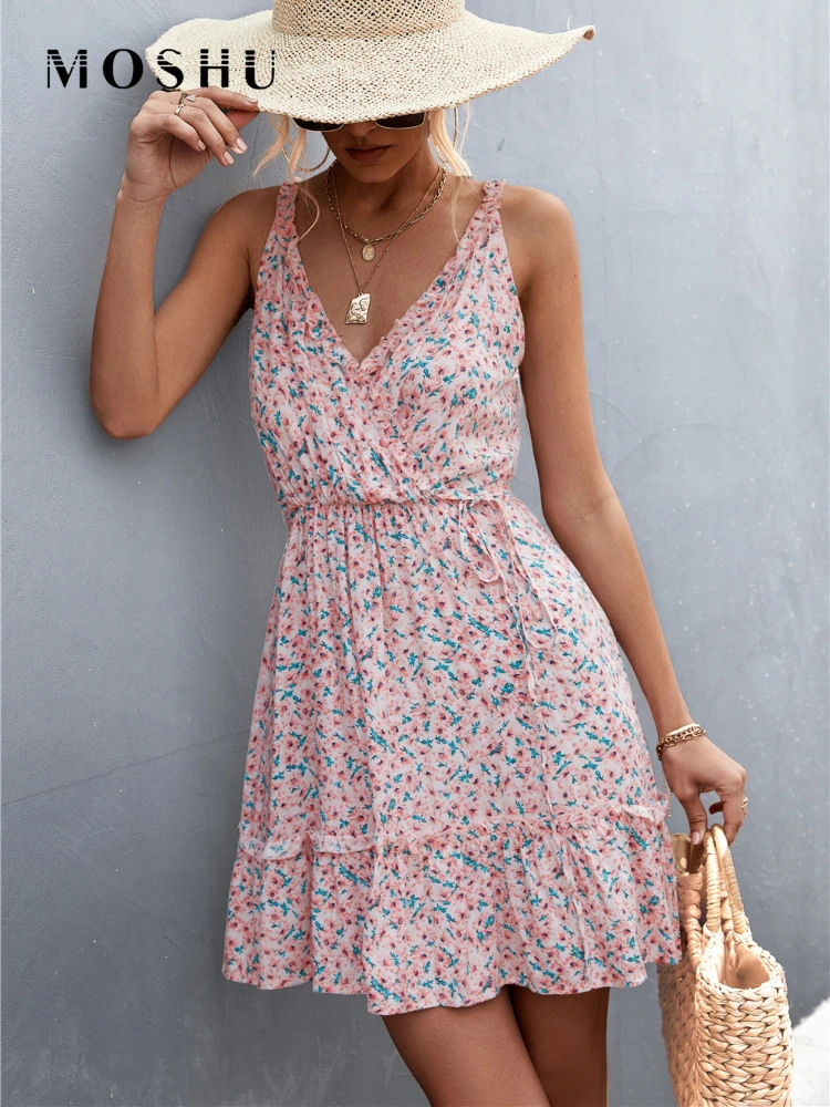 

Spaghetti Strap Mini Dress Women Sexy V-neck Ruffles Sundress Ladies Summer Casual Backless Beach Style Floral Dress
