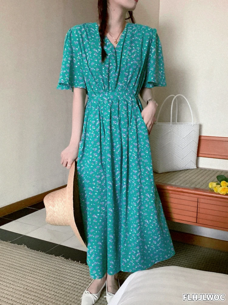 

Long Maxi Dresses 2022 New Design Summer Short Sleeve Slim Waist Lace-Up Green Black Pink Cute Sweet Holiday Casual Chic Dress