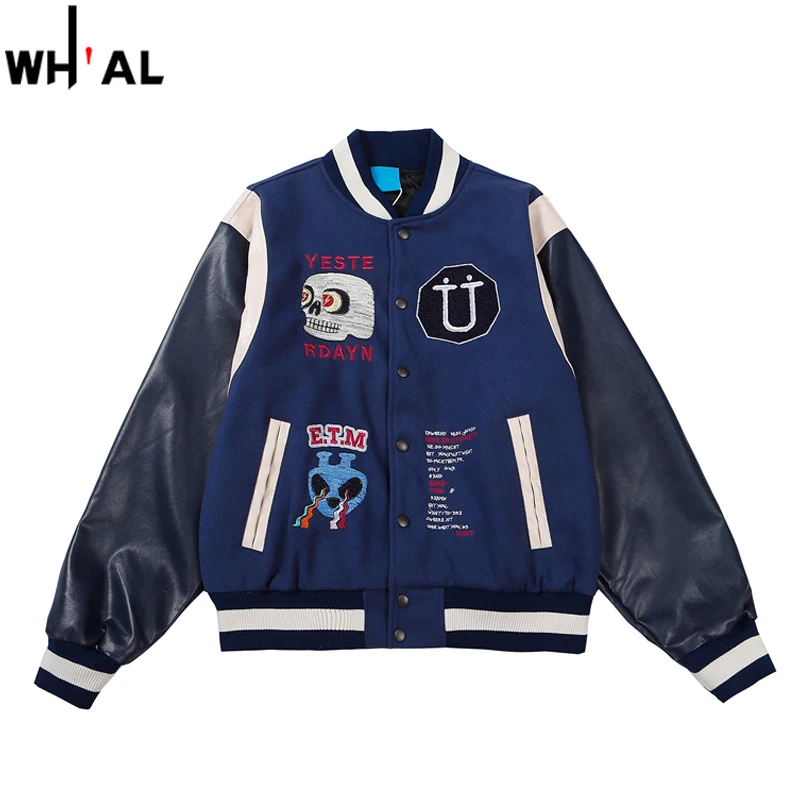 

Мужская винтажная куртка-бомбер, уличная одежда в стиле хип-хоп, мужская бейсбольная куртка составного кроя с вышитым черепом, скелетом и на...