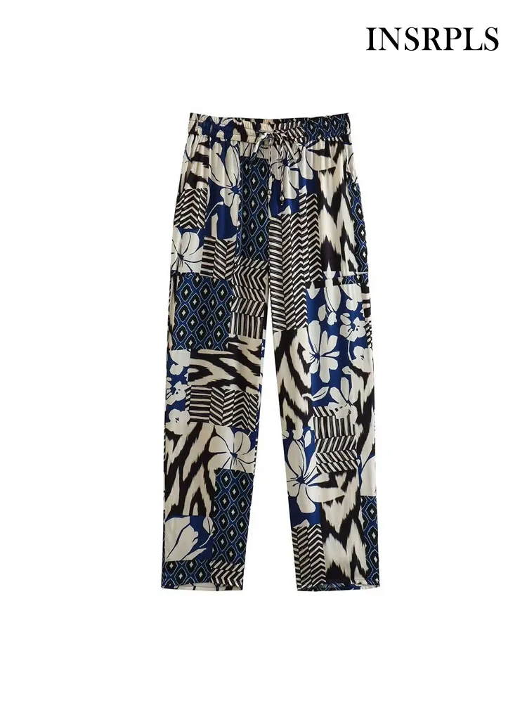 

Женские модные брюки INSRPLS с накладными карманами и принтом, винтажные женские брюки со средней эластичной талией и кулиской