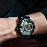 oblvlo retro casual men skeleton automatic watches mechanical calfskin strap mineral crystal glass waterproof all black clock vm
